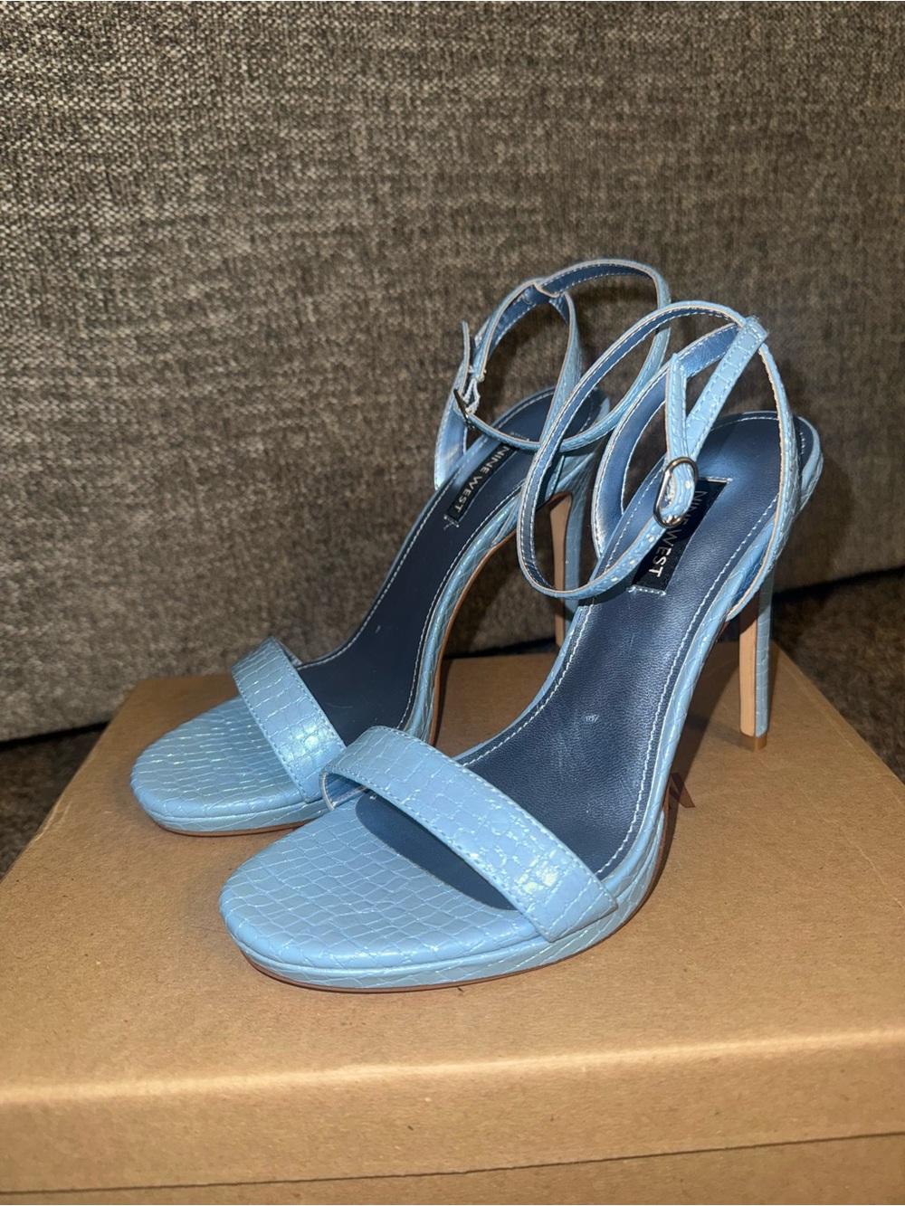 Nine West Light Blue Croc-Embossed Metallic Ankle Strap Stiletto Heels